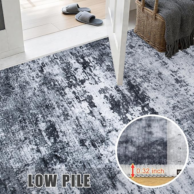 Round Area Rug for Living Room: 4 ft Washable Modern Abstract Soft Thin Rug Indoor Floor No Slip Stain Resistant Carpet for Bedroom Dining Room Farmhouse Nursery Home Office - Black