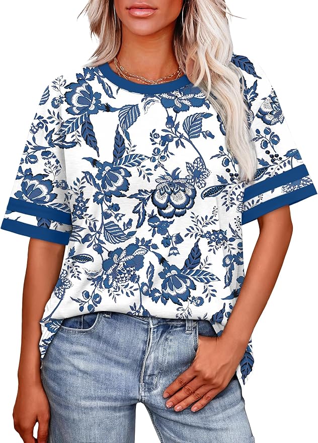 WIHOLL Womens T Shirts Loose Fit Short Sleeve Tees Crew Neck Color Block Summer Tops 2026 Fashion