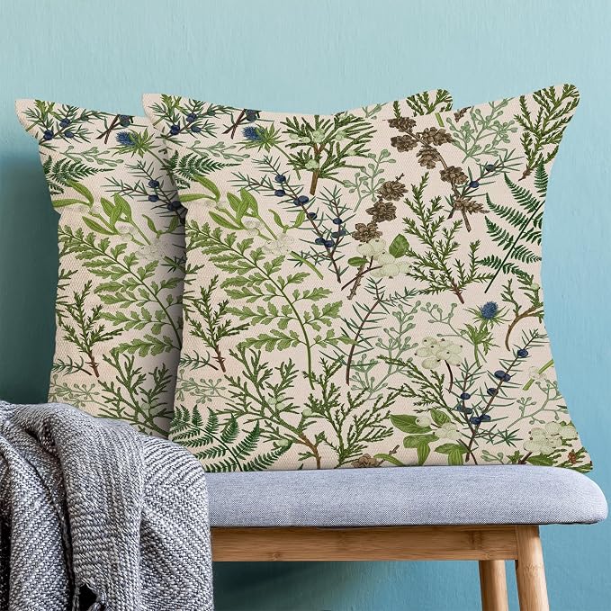 AEIOAE Spring Pillow Covers 20x20 Inch Set of 2,Vintage Sage Green Wild Flower Plant Throw Pillows Case,Seasonal Floral Outdoor Decorative Linen Farmhouse Decor Cushion Covers for Sofa Bed Couch