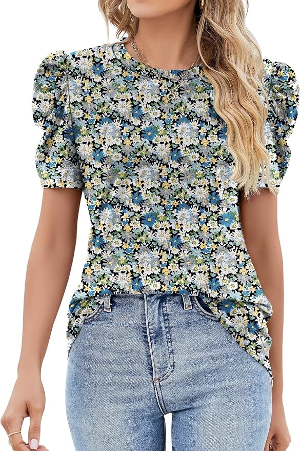 Ivicoer Puff Short Sleeve Shirt for Women Eyelet Tops Summer Crewneck Blouse Loose Fit S-XXL