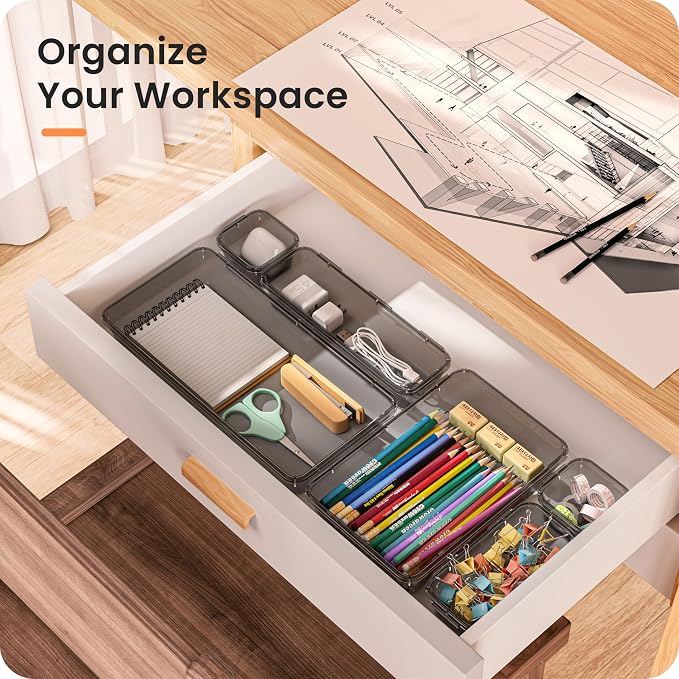 【Military Grade】A-LuGei Drawer Organizer,【】Makeup organizer,【Holds 177 Items】Bathroom Organizers and Storage,Organization and Storage,Desk Drawer Organizer for Vanity【Clear Black】