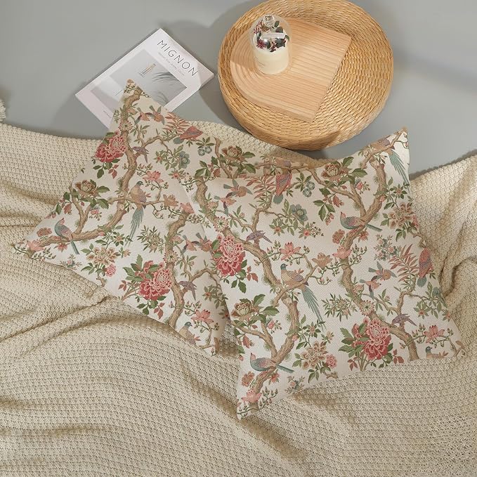 Chinoiserie Pillow Covers 18x18 Set of 2 Pink Green Bird Floral Throw Pillows Vintage Pink Flower Bird Decorative Pillow Cases Outdoor Chinoiserie Decor Farmhouse Cushion Case for Couch Sofa