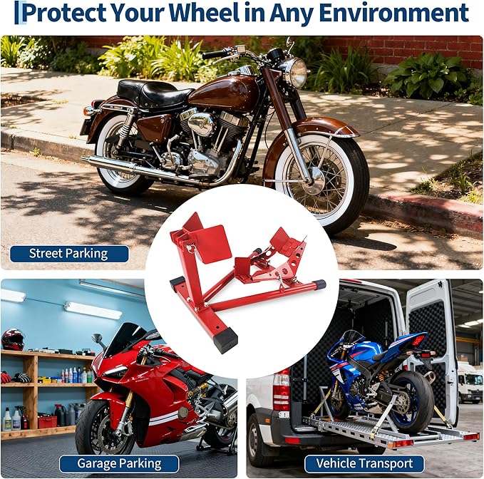 Garvee Universal Wheel Chock & Motorcycle Stand Heavy Duty 1500Lb Capacity Adjustable Motorcycle Wheel Chock 16''-21'' for Trailers, Cruiser, Sport and Dirt Bikes, Ideal Garage and Transport Solution