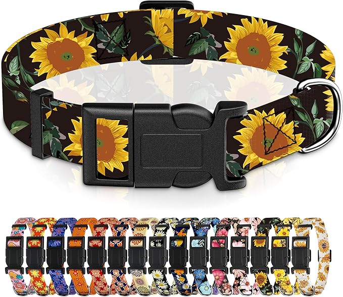 Dog Collar for Boys Girls, Sunflower Puppy Collar for Small Medium Large Dogs, Adjustable Soft Floral Pet Collar with Safety Buckle for Male Females(Black Sunflower,L)