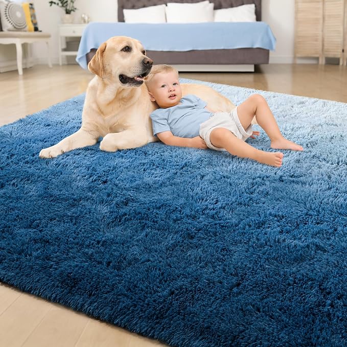 Tepook Fluffy Large Rugs for Living Room, 8x10 Area Rugs for Bedroom, Modern Shag Fuzzy Carpets for Kids Boys Girls, Plush Indoor Nursery Home Decor Rug with Non-Slip Bottom, Gradient Navy Blue