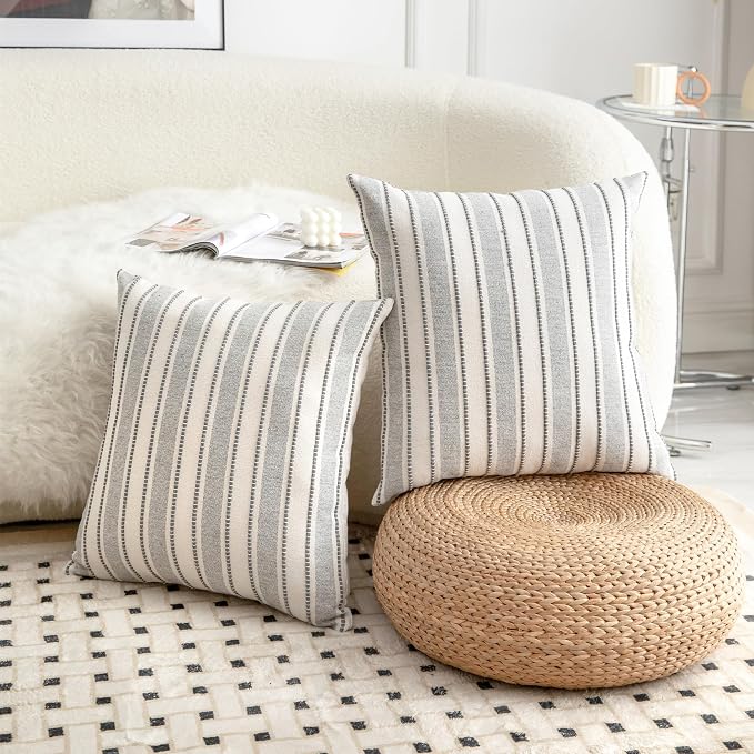 Cethom Decorative Boho Throw Pillow Covers, Farmhouse Textured Pillow Case, 20 x 20 Inch Set of 2, Chair Sofa Bedroom Living Room Home Decor Couch Cushion Case, Grey and Beige Striped