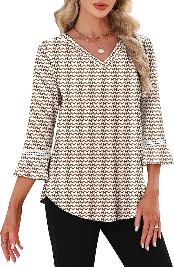 WIHOLL Womens Blouses Dressy Casual 3/4 Length Sleeve Tops Lace Trendy 2026 Spring Summer V Neck Shirts Vacation Outfits