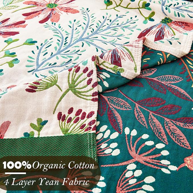VANJOROY Boho Throw Blanket, 100% Organic Cotton Breathable Ultra Soft 60" x 80" Bed Quilt Throw - All Season Floral Rustic Farmhouse Decor Luxury Reversible Blanket for Sofa Couch Chair and Gift