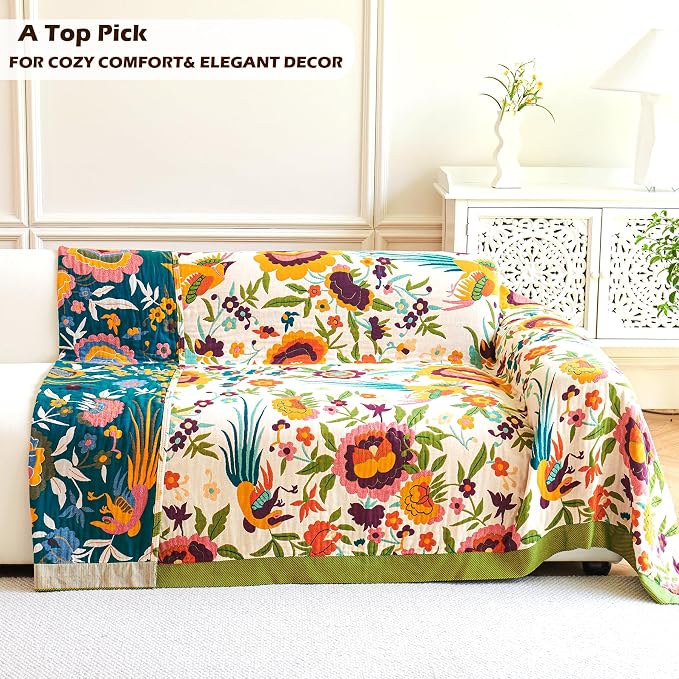 VANJOROY Boho Throw Blanket, 100% Organic Cotton Breathable Ultra Soft 80" x 90" Bed Quilt Throw - All Season Floral Rustic Farmhouse Decor Luxury Reversible Blanket for Sofa Couch Chair and Gift