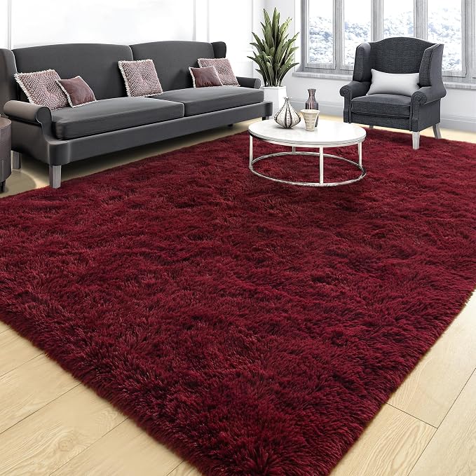 Tepook Fluffy Burgundy Rugs for Living Room, 5x8 Dark Red Area Rug for Bedroom, Soft Shaggy Plush Floor Carpet for Kids Girls Boys Room, Indoor Non Slip and Washable Carpets for Nursery Home Decor