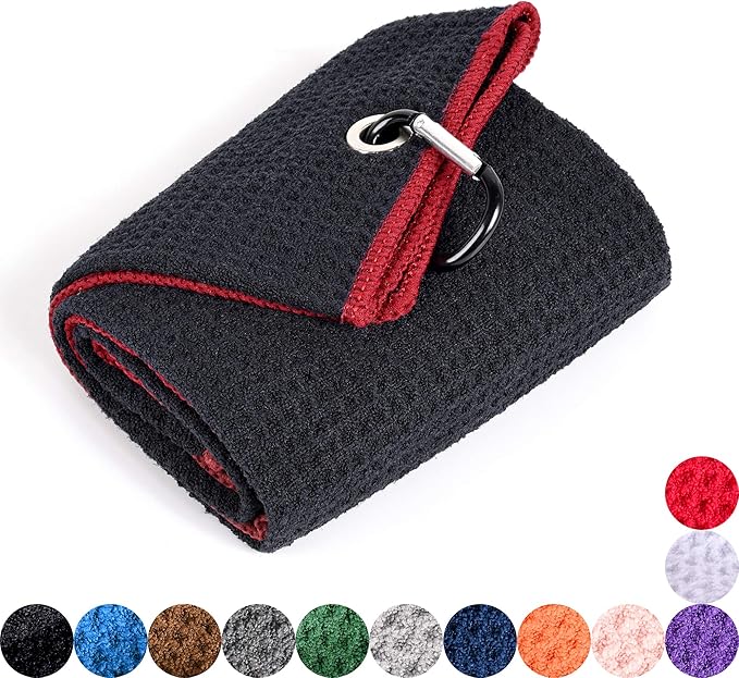 Mile High Life Microfiber Waffle Pattern Golf Towel | Club Groove Cleaner Brush | Foldable Divot Tool with Magnetic Ball Marker (Black w/red Towel/Brush/Curve Divot)