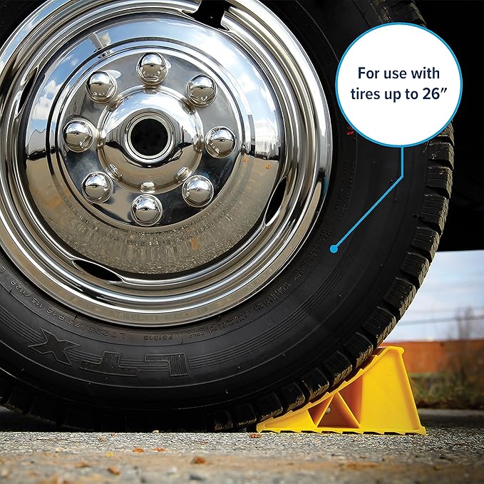 Camco Camper/RV Wheel Chock - Keeps Trailer in-Place to Safely Unhitch or Park - Compatible with Wheels Up to 26” in Diameter & Molded of Heavy-Duty Hard Plastic - 2-Pack (44414)