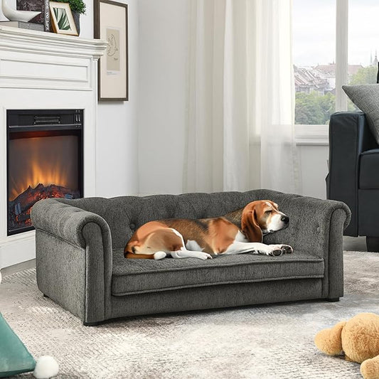 38.9" Elevated Dog Sofa with Button‑Tufted Backrest & Rolled Armrests, Pet Couch Bed with Removable Soft Cushion, Comfortable Upholstery Raised Dog Bed with Thick Padding for Living Room,Bedroom