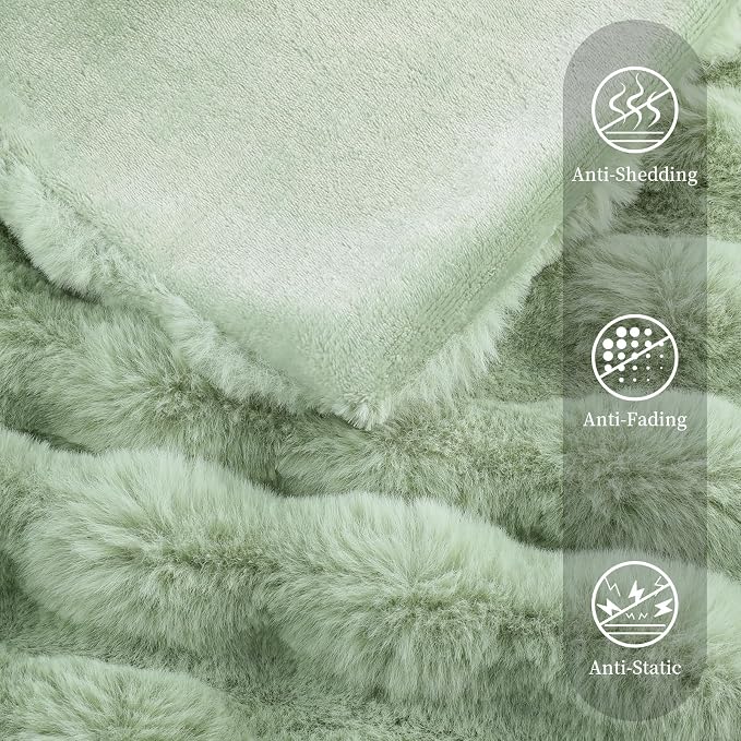 Faux Rabbit Fur Throw Blanket for Couch, Sage Green Throw Blankets 50"x60" | Cozy Reversible Fluffy Throw, Luxury Plush Thick Bubble Blanket, Mothers Gifts for Women, Soft Warm for Bed, Home Decor