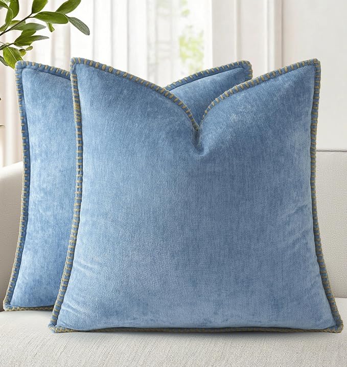 decorUhome Soft Chenille Throw Pillow Covers 26x26 Set of 2 Blue | Fall Textured Decorative Throw Pillow Cases Stitched Edge Modern Farmhouse Luxury Boho Velvet for Couch Sofa Bed Home Decor