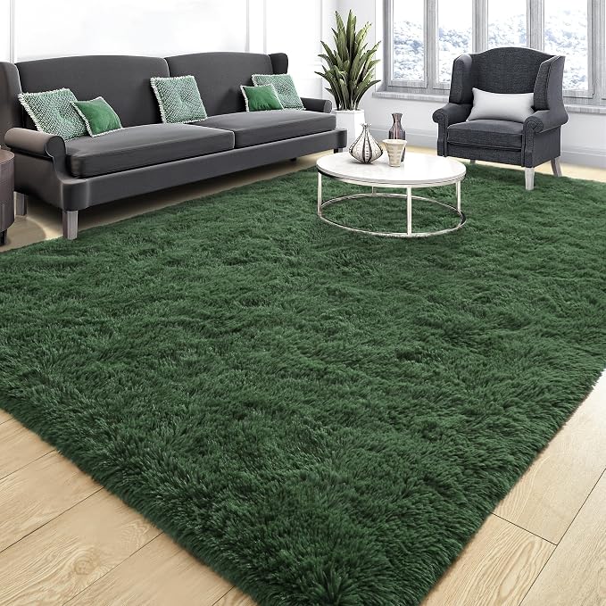 Tepook Fluffy Dark Green Rugs for Living Room Bedroom, 5x8 Soft Area Rug Forest Hunter Green Kids Girls Boys Rug, Indoor Plush Shaggy Non-Slip Carpet for Nursery Classroom Dorm Home Decor