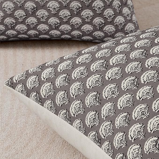 MIULEE Floral Print Decorative Pillow Covers 18x18, Stone Grey | Vintage Boho Farmhouse Modern Home Decor, Set of 2, Block Print Cushion Covers for Couch Sofa Bed Living Room