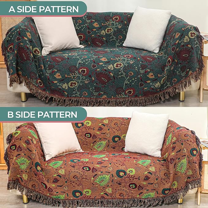 Boho Fall Throw Blanket for Bed,100% Ultra Cotton Soft Breathable Bed Throw Floral Printed Farmhouse Decor Rustic Bed Throws for Couch Sofa Quilt 90" x 98"