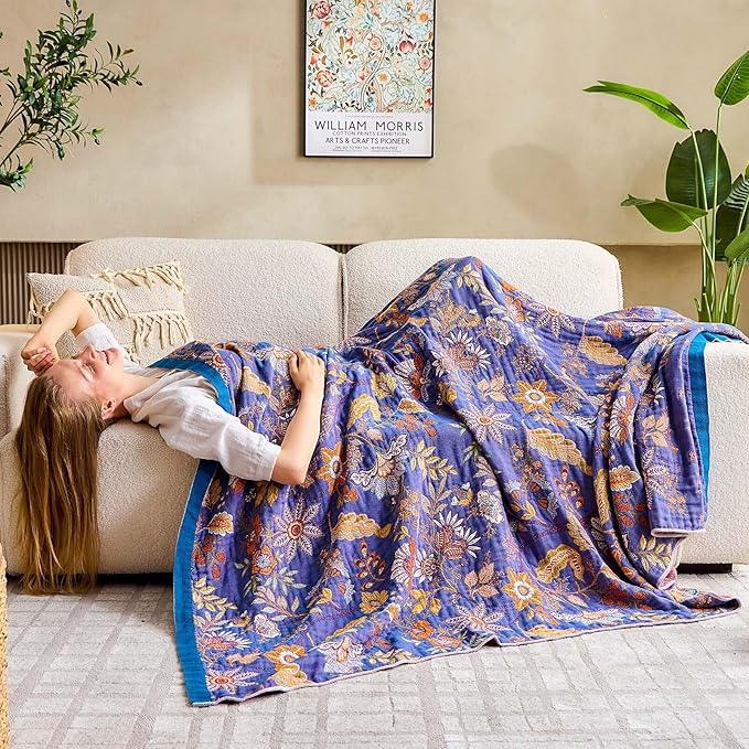 XIBLC Boho Blanket, 100% Cotton Farmhouse Decorative Throw Blanket, 50"x60" Reversible Bohemian Throw Blanket, Purple All Season Muslin Breathable Woven Blankets Quilt