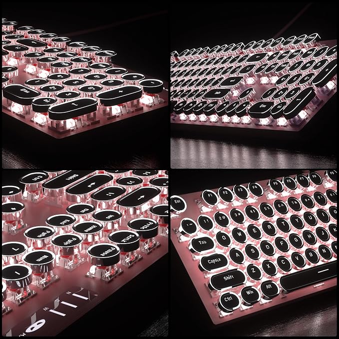 Retro Pink Typewriter-Style Keyboard and Mouse Combo, Cute Light Up Wired Mechanical Keyboard with Linear Red Switches, Full Size for Gaming, Work, Mac, PC, Windows