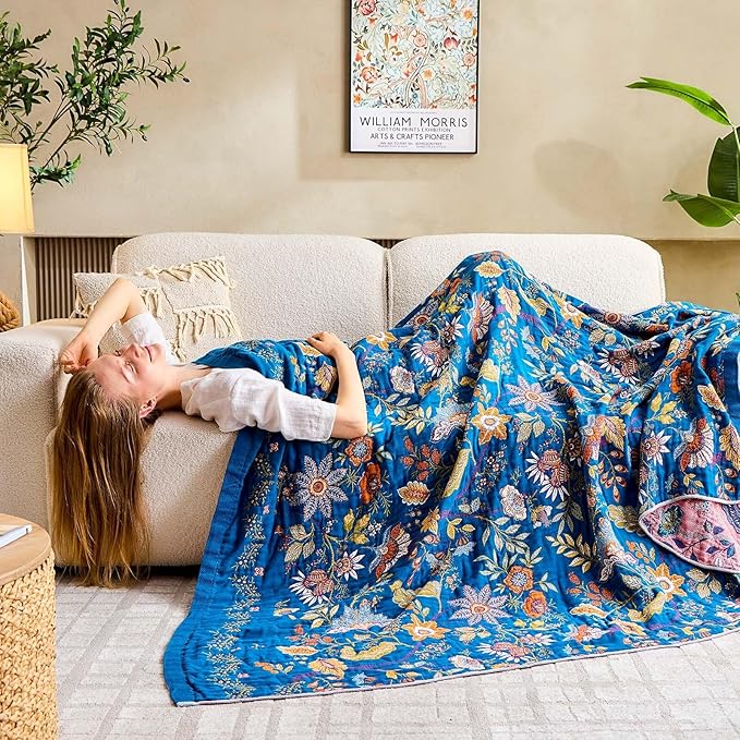 XIBLC Fall Throw Blanket for Couch, Blue Boho Decorative Throw Blanket, 100% Cotton Muslin Breathable Woven Farmhouse Blankets Quilt, 80"x90" Reversible Lightweight Blankets Bohemian Throw Quilt