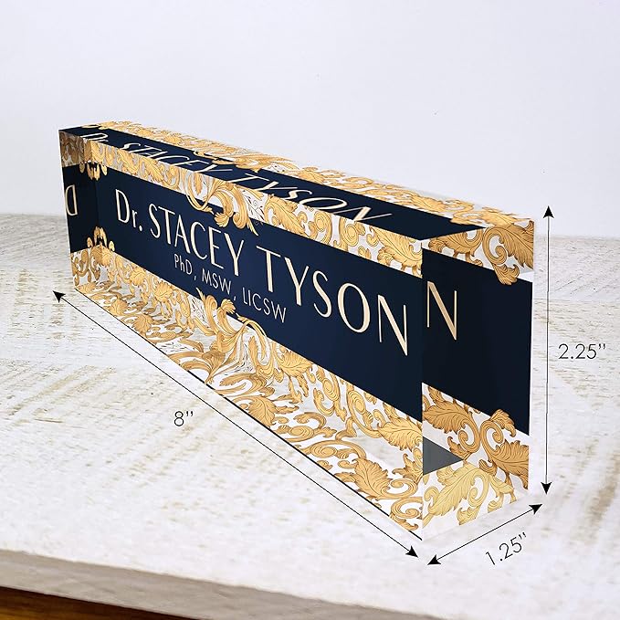 Artblox Office Desk Name Plate Personalized | Custom Name Plates For Desks | Leaf Gold Design On Clear Acrylic Glass | Cute Office Desk Accessories Customized Gifts - (8" x 2.5")