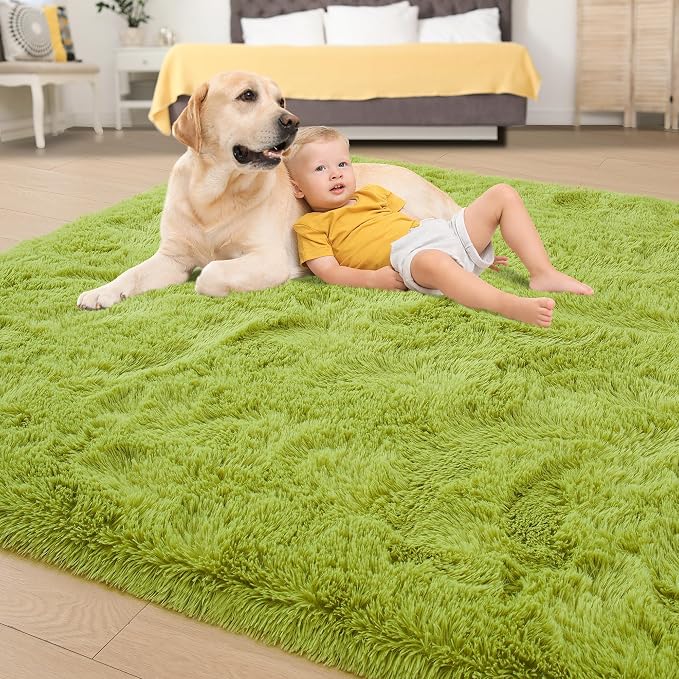 Tepook Fluffy Grass Green Rugs for Living Room Bedroom, 9x12 Soft Area Rug Moss Green Kids Girls Boys Rug, Indoor Plush Shaggy Non-Slip Carpet for Nursery Classroom Dorm Home Decor