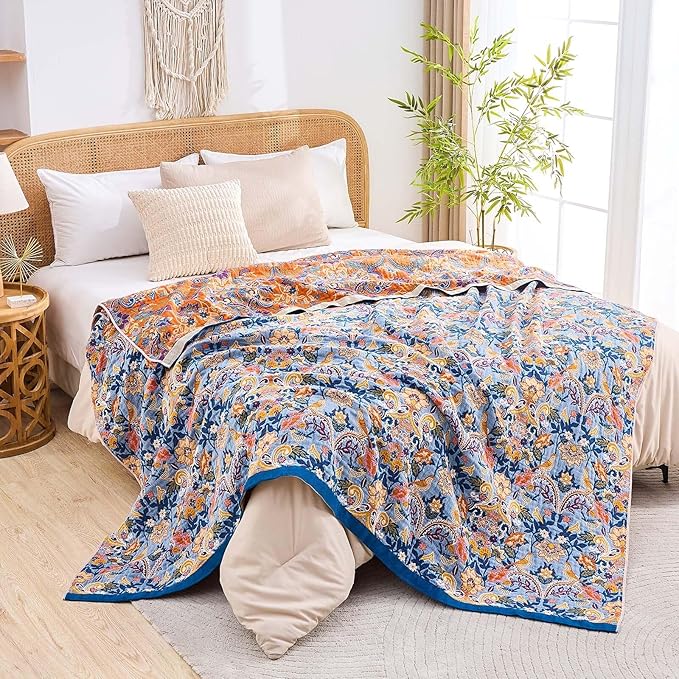 XIBLC Boho Throw Blanket for Bed, 100% Cotton Soft Rustic Quilt Fall Blanket, 90"x98" Floral Printed Farmhouse Decor Bed Blankets, All Season Rustic Reversible Bohemian Throw Quilt