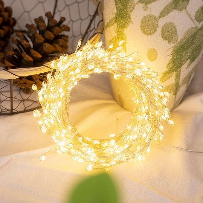 Fairy Lights Plug in, 100FT 1000LED Firecracker String Lights Waterproof Silver Wire, for Bedroom/DIY/Party/Garden/Porch/Patio/Backyard/Christmas Tree, with Remote Timer & 8 Modes, Warm White