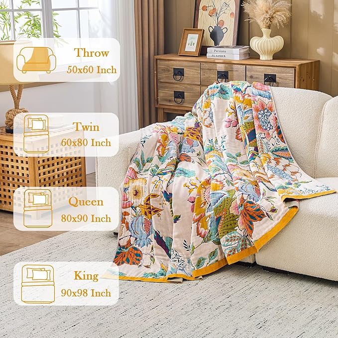 XIBLC Boho Throw Blanket 100% Cotton Vintage Blanket Muslin Woven Flower Decorative Throw Blankets All Season Bohemian Rustic Farmhouse Decor Quilt for Bed (Yellow 60"x80")