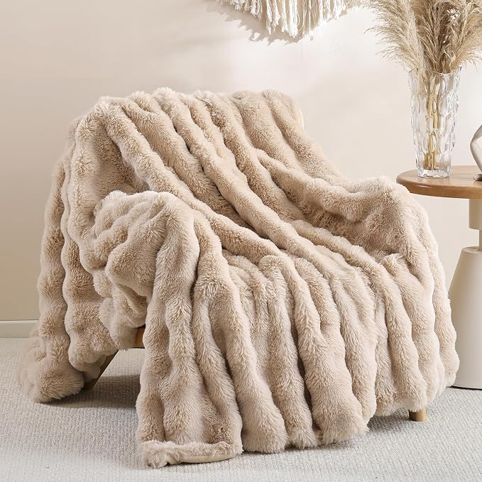 Faux Rabbit Fur Throw for Couch - Linen Bubble Blanket 60"x80" | Fluffy Plush Fuzzy Throw for Sofa & Bed, Super Soft Cozy Comfrt Blanket, Luxury Aesthetic Linen Decor Gift for Women