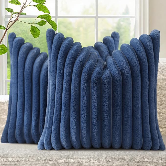 decorUhome Fall Faux Fur Throw Pillow Covers 26x26 Set of 2 Navy Blue | Decorative Soft Cozy Striped Plush Modern Farmhouse Boho Couch Pillow Cases Velvet Back for Sofa Bed Living Room Home Decor