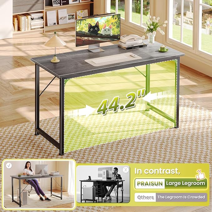 PRAISUN 47 Inch Computer Desk, Home Office Desk with Spacious Desktop, Grey | Modern Gaming Desk for Bedroom, Study, Work, Gaming & Writing, Large Legroom, Sturdy Metal Frame