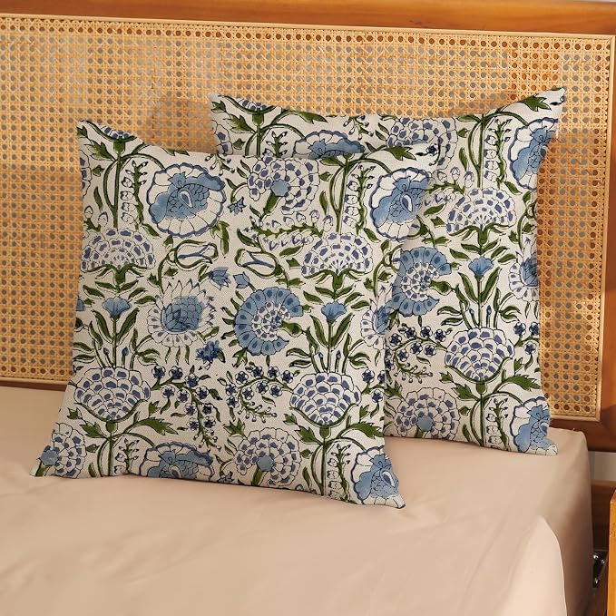 Boho Navy Blue Pillow Covers 16x16 Inch Set of 2 Blue Sage Green Floral Throw Pillows Vintage Flower Outdoor Decorative Pillow Cases Farmhouse Linen Cushion Cover Decor for Couch Sofa Decor