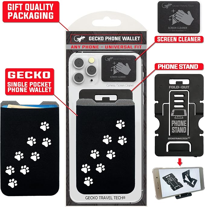 Phone Wallet - Adhesive Card Holder - Cell Phone Pouch - Stick on Lycra Pocket by Gecko - Carry Credit Cards and Cash