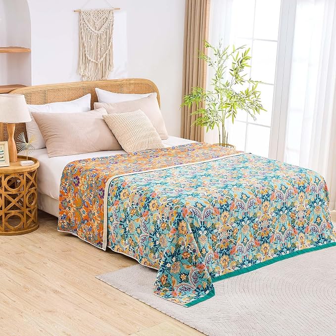 XIBLC Boho Blanket Throw Quilt, 100% Cotton Soft Light Weight Throw Blankets for Summer, 80"x90" Farmhouse Flower Decorative Blankets, All Season Rustic Reversible Bohemian Throw Quilt