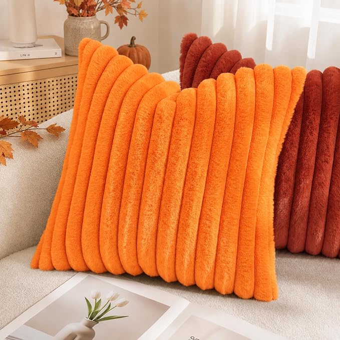 decorUhome Fall Faux Fur Throw Pillow Covers 26x26 Set of 2 Orange | Decorative Soft Cozy Striped Plush Modern Farmhouse Boho Couch Pillow Cases Velvet Back for Sofa Bed Living Room Home Decor