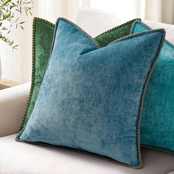 decorUhome Soft Chenille Throw Pillow Covers 16x16 Set of 2 Teal | Fall Textured Decorative Throw Pillow Cases Stitched Edge Modern Farmhouse Luxury Boho Velvet for Couch Sofa Bed Home Decor