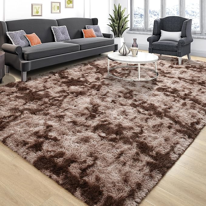 Tepook 6x9 Area Rugs for Living Room Bedroom, Soft Fluffy Plush Shaggy Girls Boys Kids Room Rug, Shag Upgrade Non-Slip Throw Carpet for Dorms Nursery Classroom Home Decor, Tie-Dyed Brown