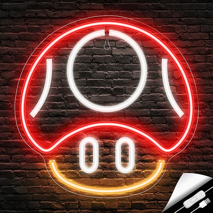 Kavaas Gaming Neon Sign, Mushroom Neon Sign for Game Room Decor, Man Cave, Kids Room - Gaming Mushroom Wall Decor - Gamer Gifts for Boys, Kids (Red)