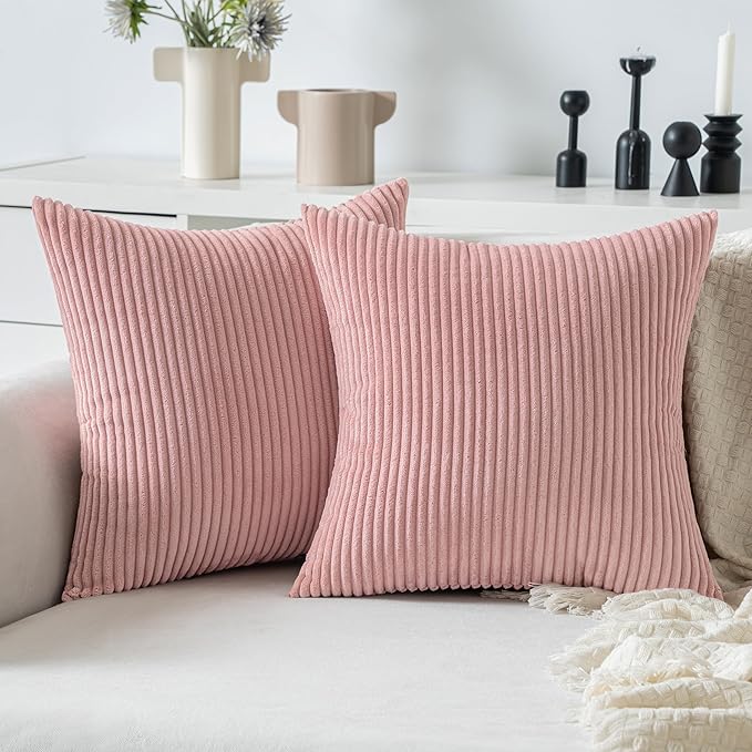 MIULEE Decorative Corduroy Throw Pillow Covers Set of 2 18x18 Blush Pink | Soft Striped Textured Cushion Cases, Boho Square Lovely Cute Pillowcases, Home Decor for Couch Chair Sofa Bed Living Room