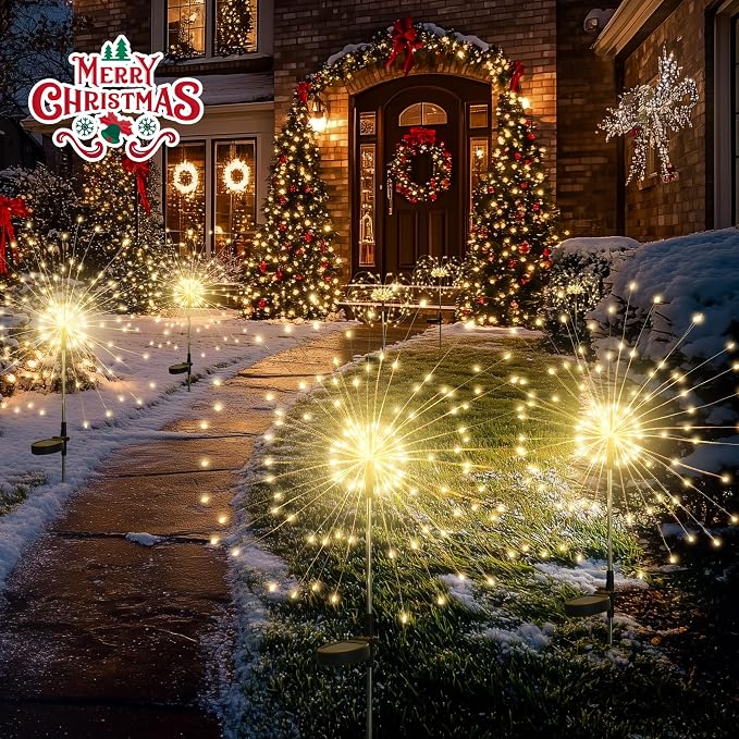 GIGALUMI Garden Decor Outdoor Lights 120LED 6Pack, Solar Garden Lights Outside Fairy Firework Decorative,Solar Powered for Yard Pathway Flowerbed Planter Balcony Patio, Gifts for mom (Warm White
