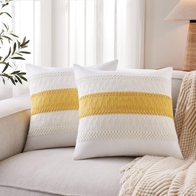 2pk Boho Pillow Covers 18x18, Natural White/Contrast/Mustard Yellow | 100% Organic Cotton Body, Stripe Embroidery, Farmhouse Decorative Cushion Covers for Sofa Bed Living Room Home Decor