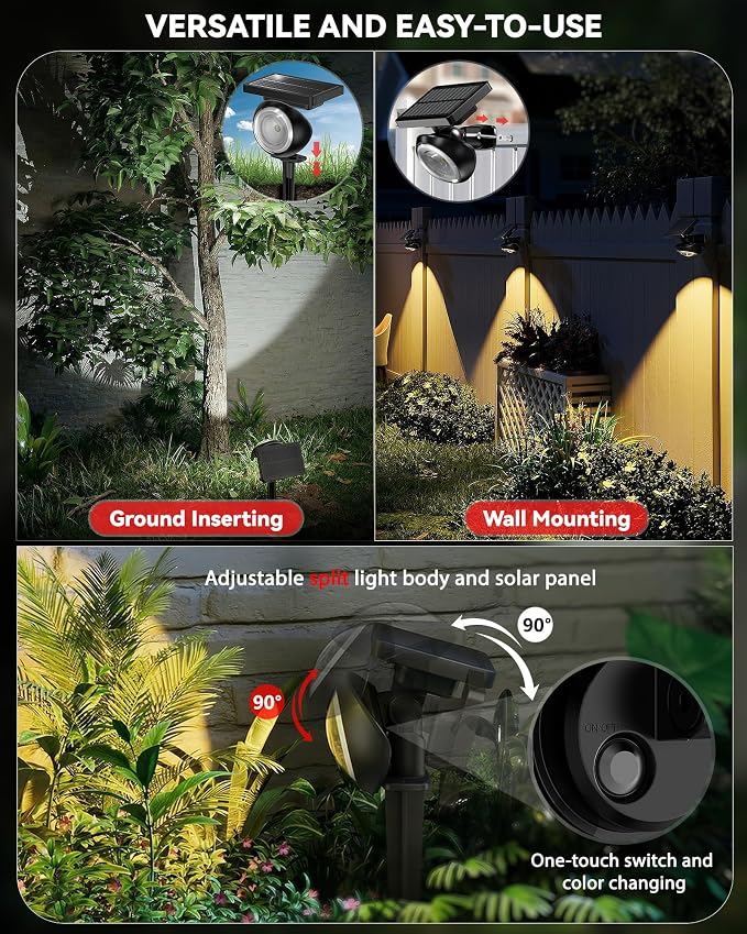 Focusing Solar Spot Lights Outdoor Waterproof, RGB+3CCT Tree Uplights 4Pack | Multicolor Focused Lens Spotlight, Dusk-to-dawn Light, Stake or Wall Mounting for Yard Landscape Garden Path Halloween Decor