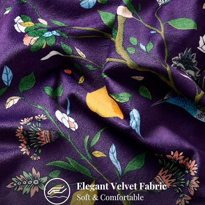 MUSSEL Purple Velvet Floral Decorative 16x16 Pillow Covers Set of 2 | Soft Durable and Sturdy,Bird Plant,Throw Pillows Case,Square,Colorful Modern Cushion Covers,Home Sofa Bed Couch Decor