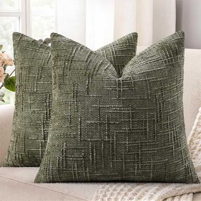 decorUhome Textured Chenille Throw Pillow Covers 20x20 Set of 2 Army Green | Fall Modern Farmhouse Soft Cozy Slubby Couch Pillow Cases Boho Decorative Pillow Cases for Bed Sofa Living Room Home Decor