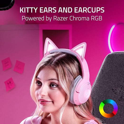 Razer Kraken Kitty V2 BT Wireless RGB Headset, Pink | Chroma RGB Kitty Ears & Earcups, Bluetooth 5.2, 40 mm Drivers, Noise-cancelling Mics, Lightweight, USB-C, 40 Hr Battery