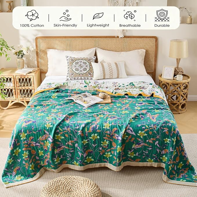 VANJOROY King Boho Throw Blanket, 100% Organic Cotton Breathable Skin-Friendly Ultra Soft 91" x 98" Bed Quilt Throw - Floral Rustic Decor Luxury Reversible Blanket for Sofa Couch Chair and Gift