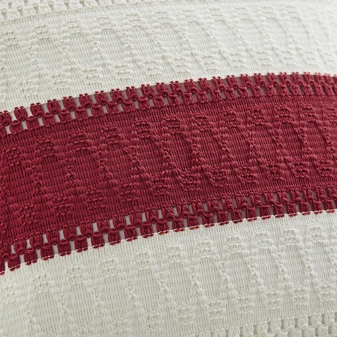 2pk Boho Pillow Covers 18x18, Natural White/Contrast/Red | 100% Organic Cotton Body, Stripe Embroidery, Farmhouse Decorative Cushion Covers for Sofa Bed Living Room Home Decor