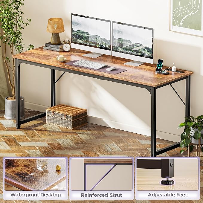 PRAISUN 70 X 24 Inch Computer Desk, Power Outlets, USB-C, Rustic Brown | Office Desk with 4 AC Outlets, USB & USB-C, Sturdy Metal Frame, Spacious Desktop for Work, Writing, Study & Gaming